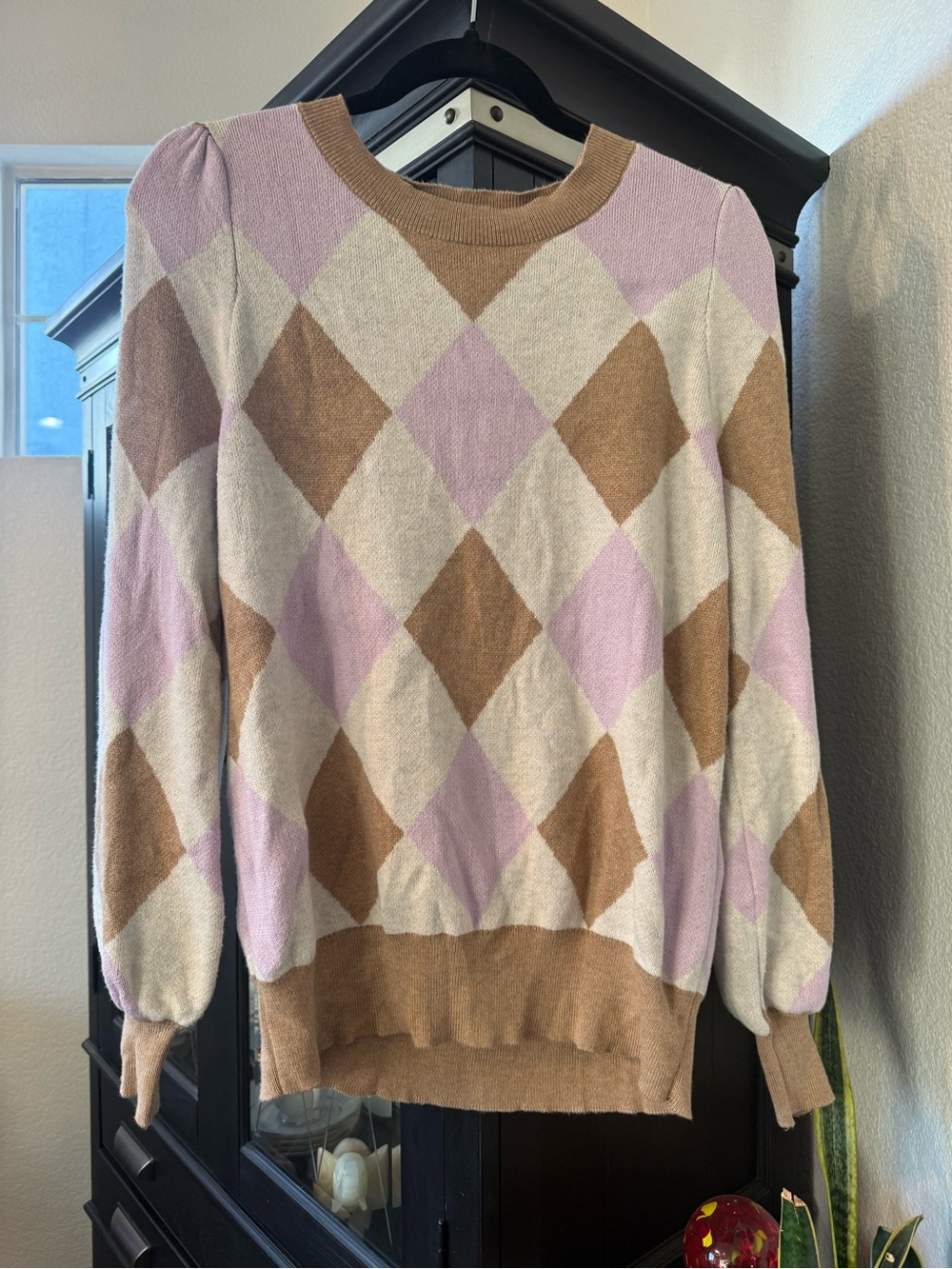 LOFT Argyle Crewneck Sweater in Pink, Cream & Tan